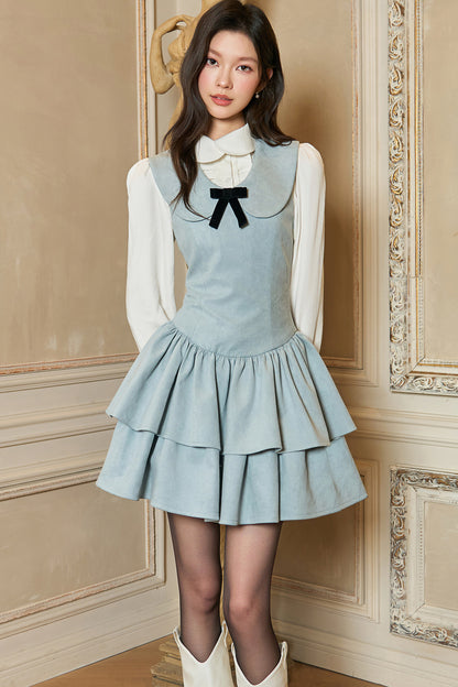 Sky Blue Suede Doll Collar Dress and White Shirt Set-Up