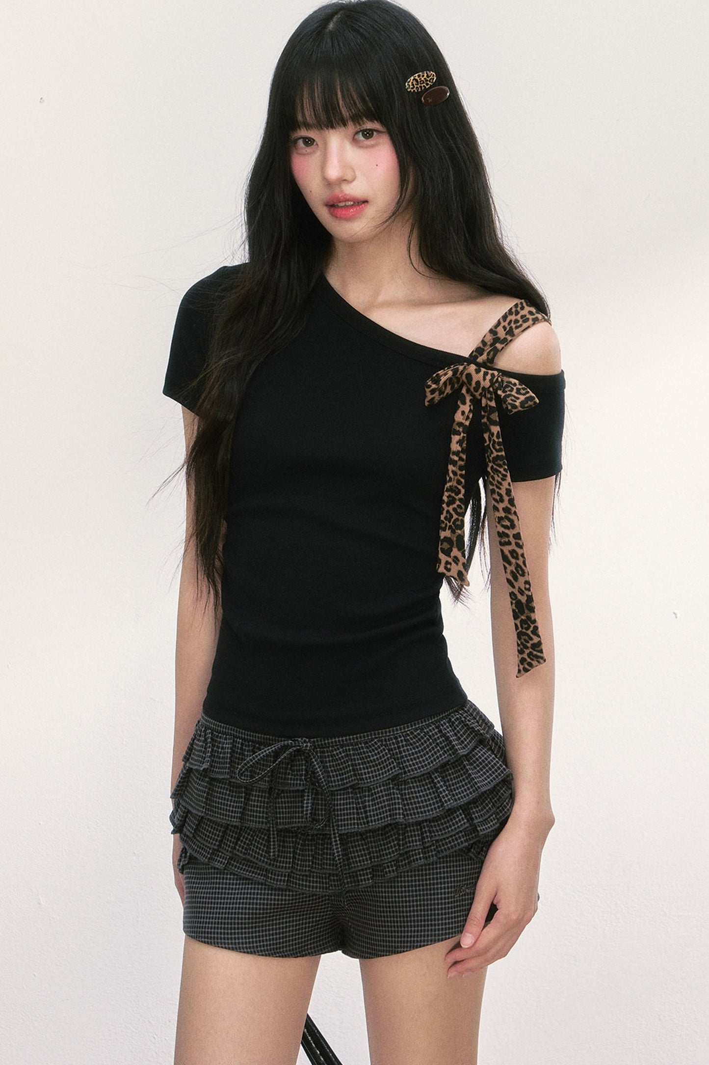 Leopard Bow Asymmetrical Shoulder Short Sleeve T-Shirt