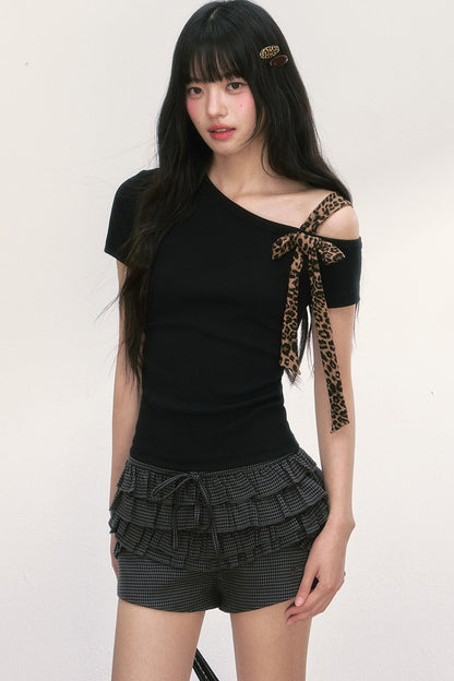 Leopard Bow Asymmetrical Shoulder Short Sleeve T-Shirt
