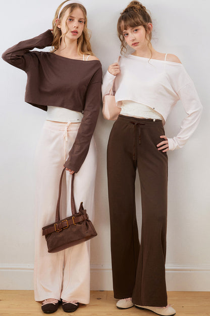 Asymmetrical Cropped Sweatshirt and Waistband Sweatpants Set-Up