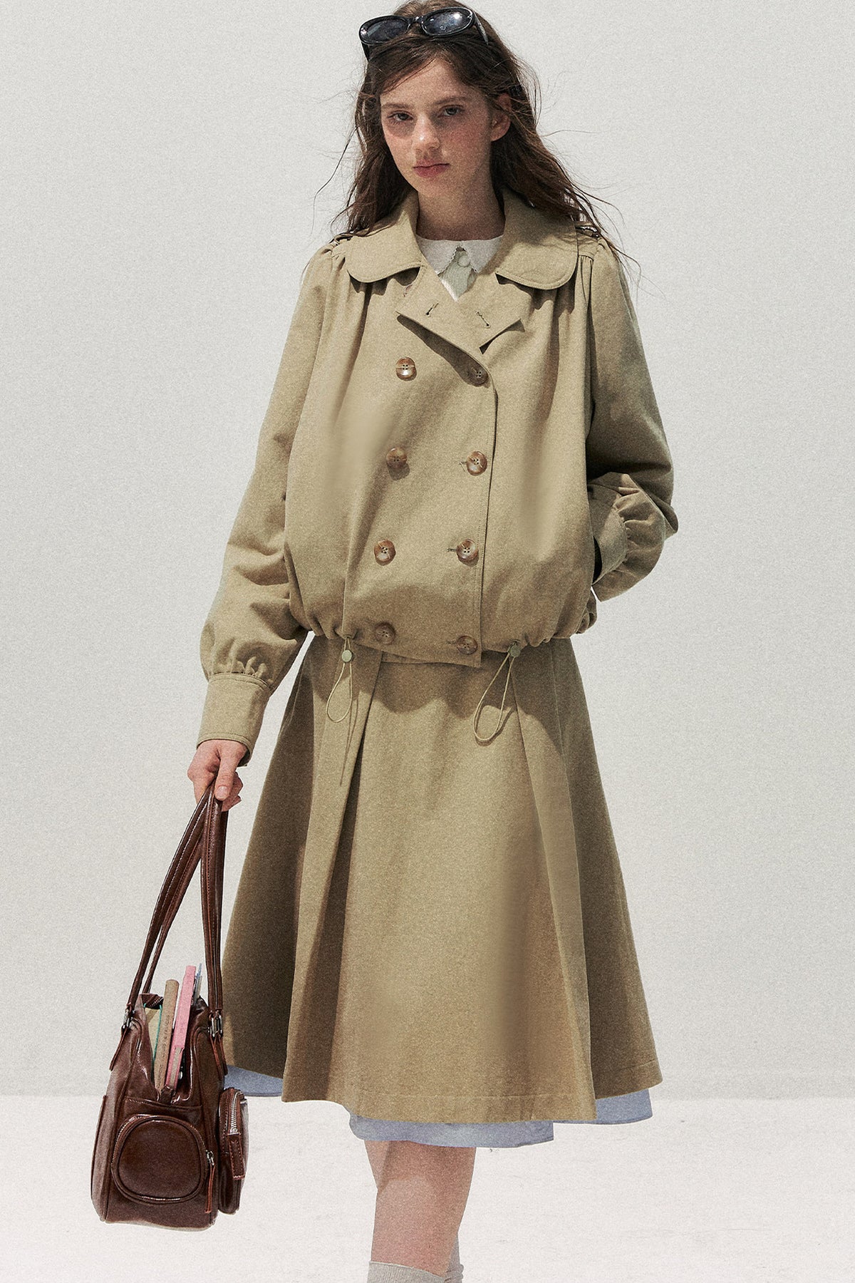 Khaki Short Trench Coat and Skirt Set-Up