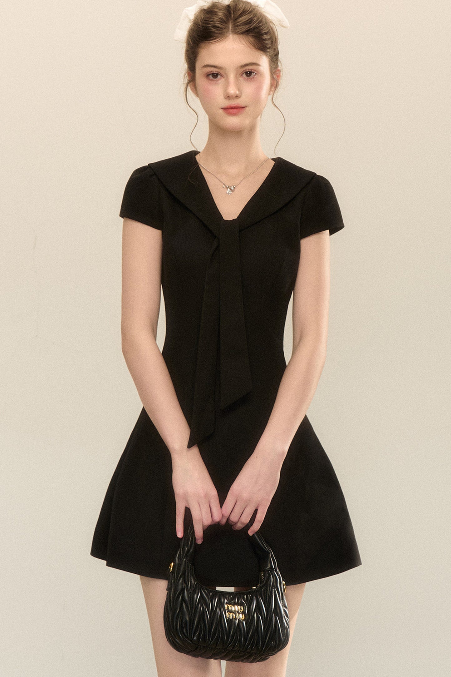 Navy Collar Short Sleeve A-Line Dress