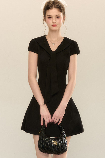 Navy Collar Short Sleeve A-Line Dress