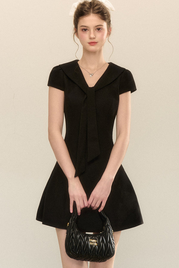Navy Collar Short Sleeve A-Line Dress