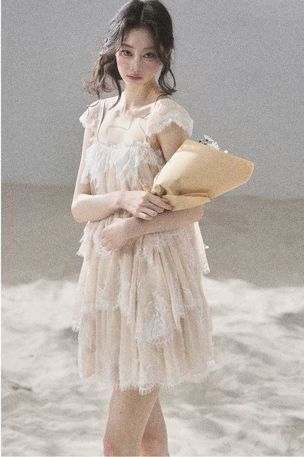 Asymmetric French Lace Mesh Top Set