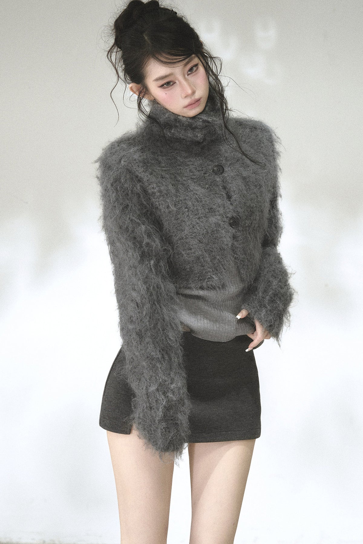 Long-Haired Turtleneck Knit Cardigan