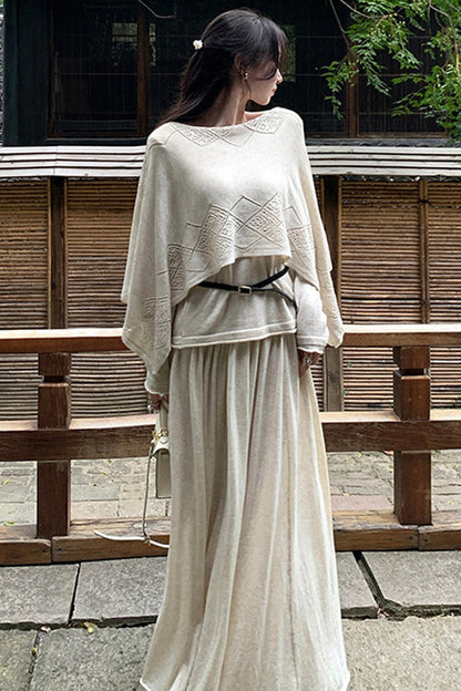 Three-Way Drape Collar Knit Shawl and Skirt Set