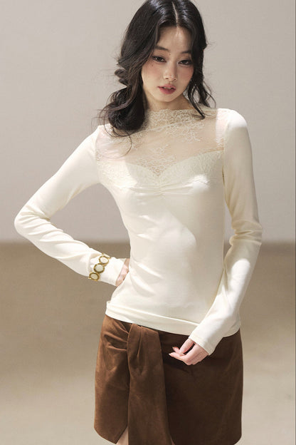 Long-Sleeved Lace Yoke Top