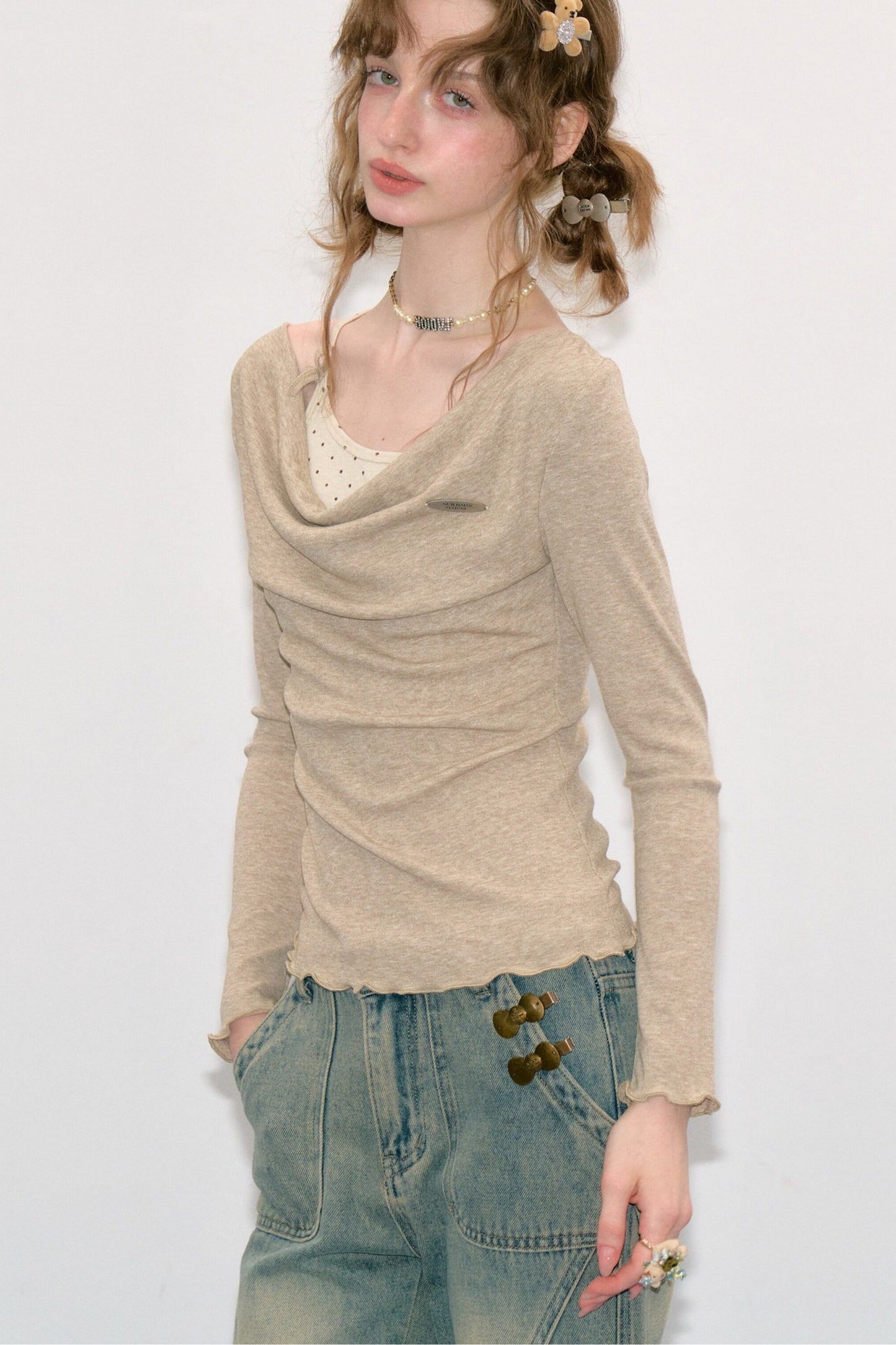 Cowl Neck Knit Base Layer Top