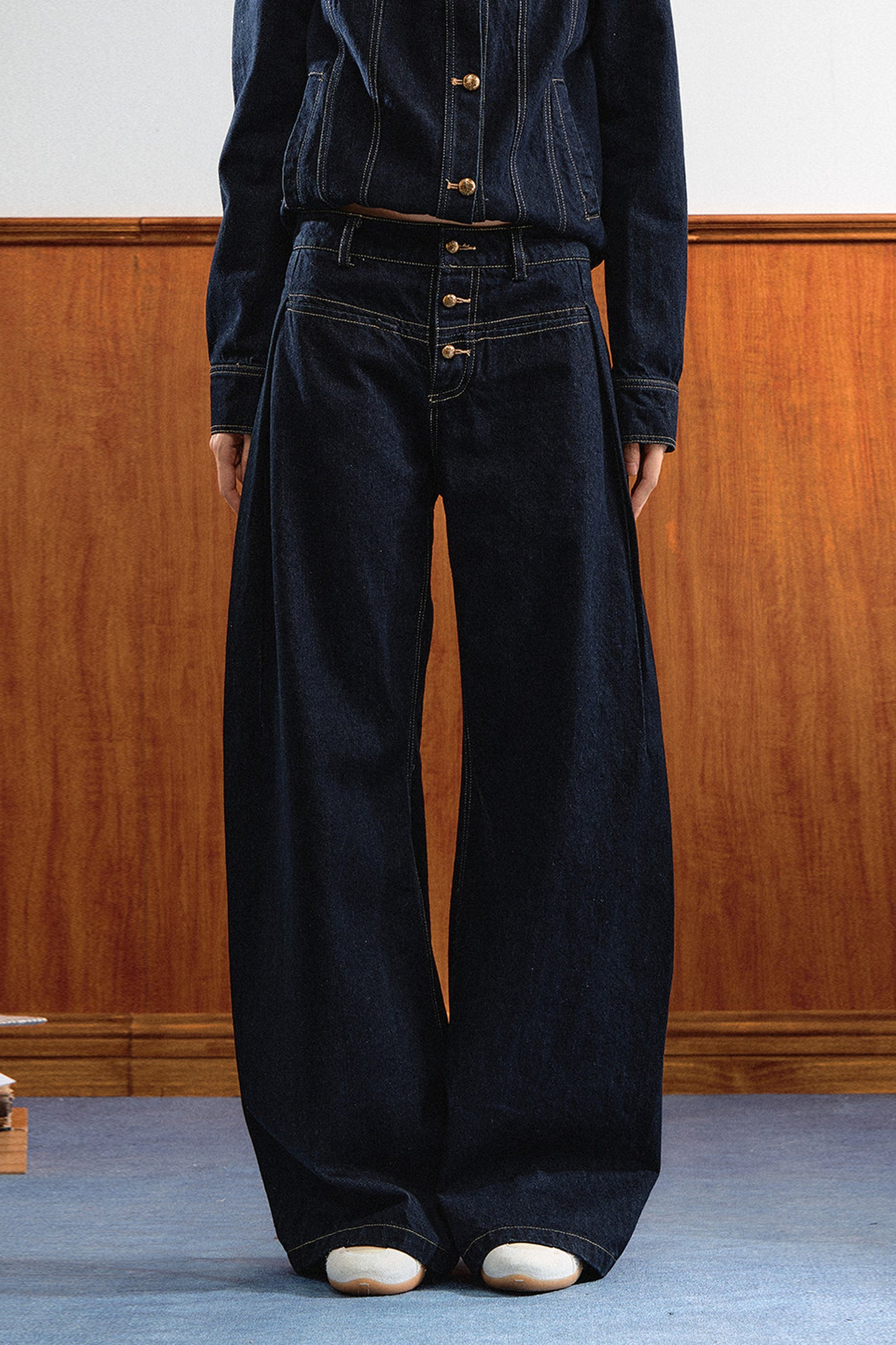 Round-Neck Gold Button Denim Jacket and Pants Set-Up