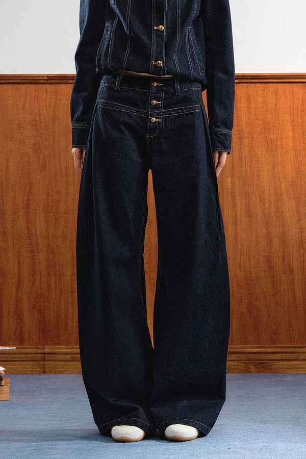 Round-Neck Gold Button Denim Jacket and Pants Set-Up