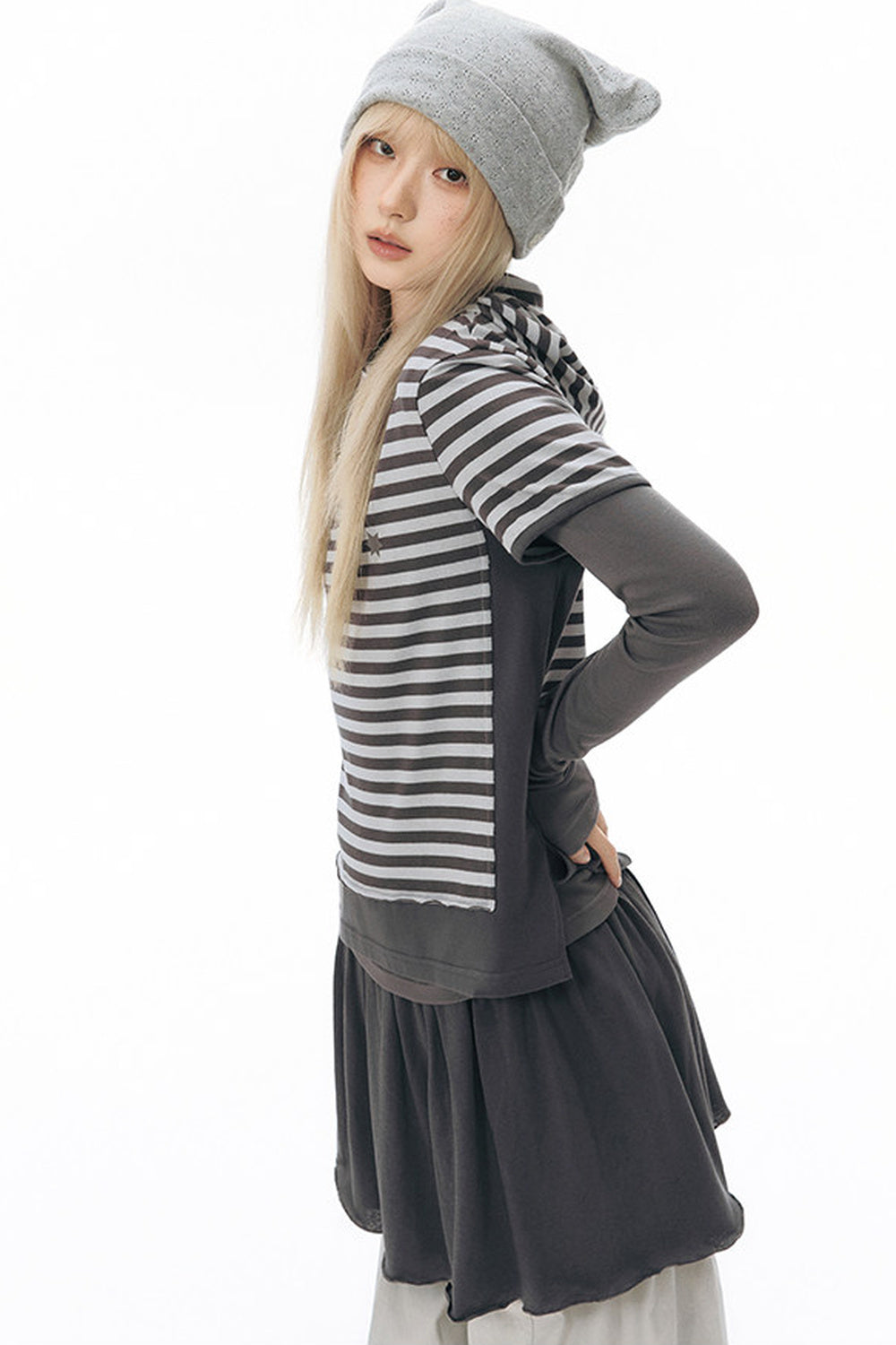 Striped Hooded Knit Short-Sleeve Top