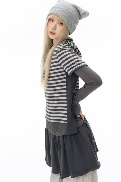 Striped Hooded Knit Short-Sleeve Top