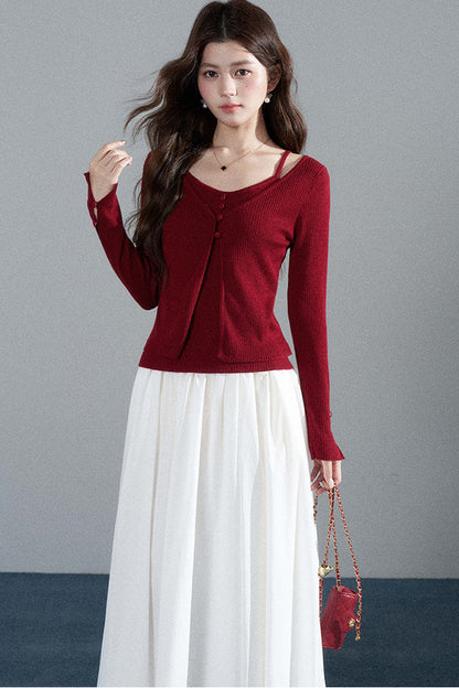 Red Layered-Look Knit Top