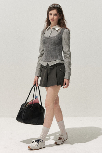 Double Waistband Gray Pleated Skirt