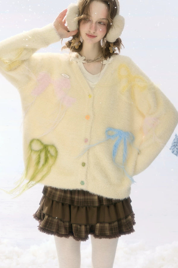 Apricot Plush Bow Knit Cardigan