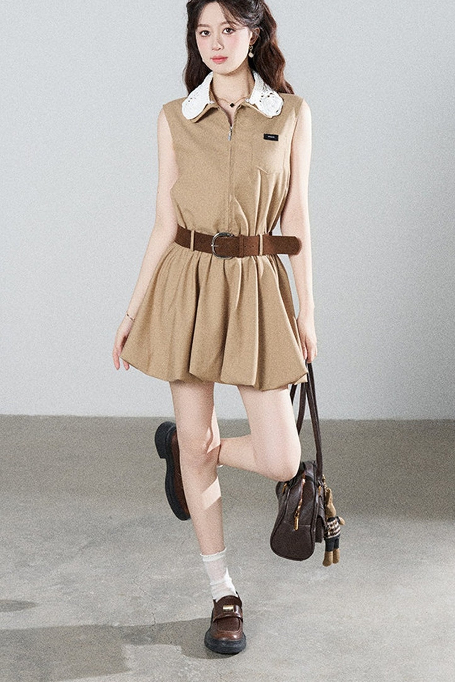 French Khaki Puff Dress