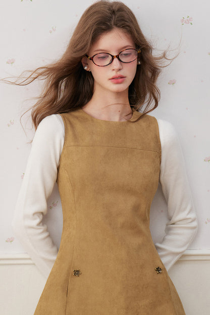 Sleeveless Round Neck Suede A-Line Umbrella Dress