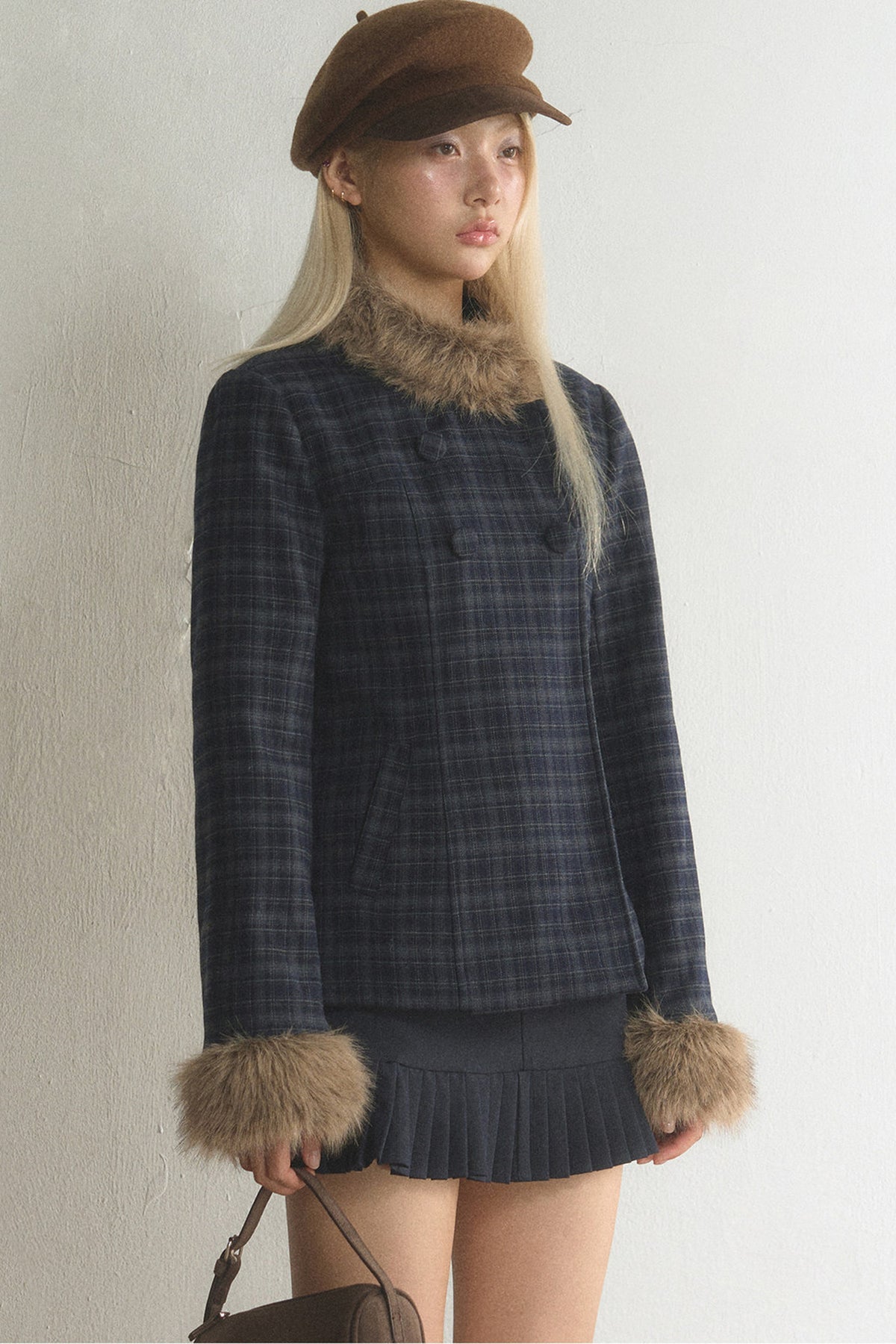 Plaid Woolen Jacket and Skirt Set-Up