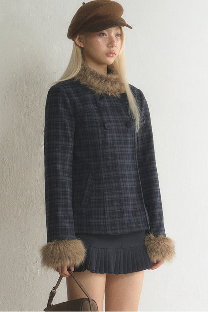Plaid Woolen Jacket and Skirt Set-Up
