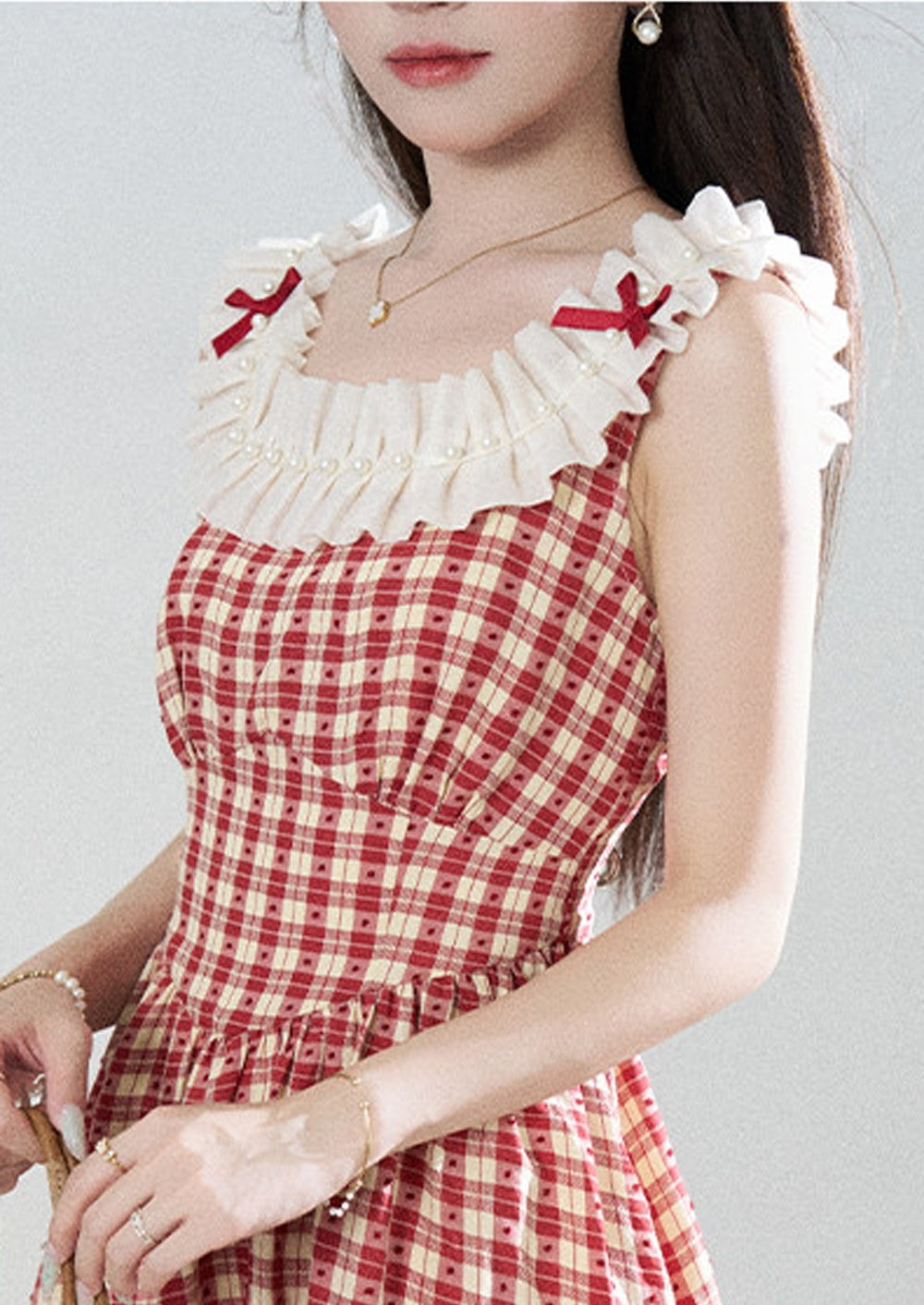 Red Plaid Sleeveless Ruffle Dress
