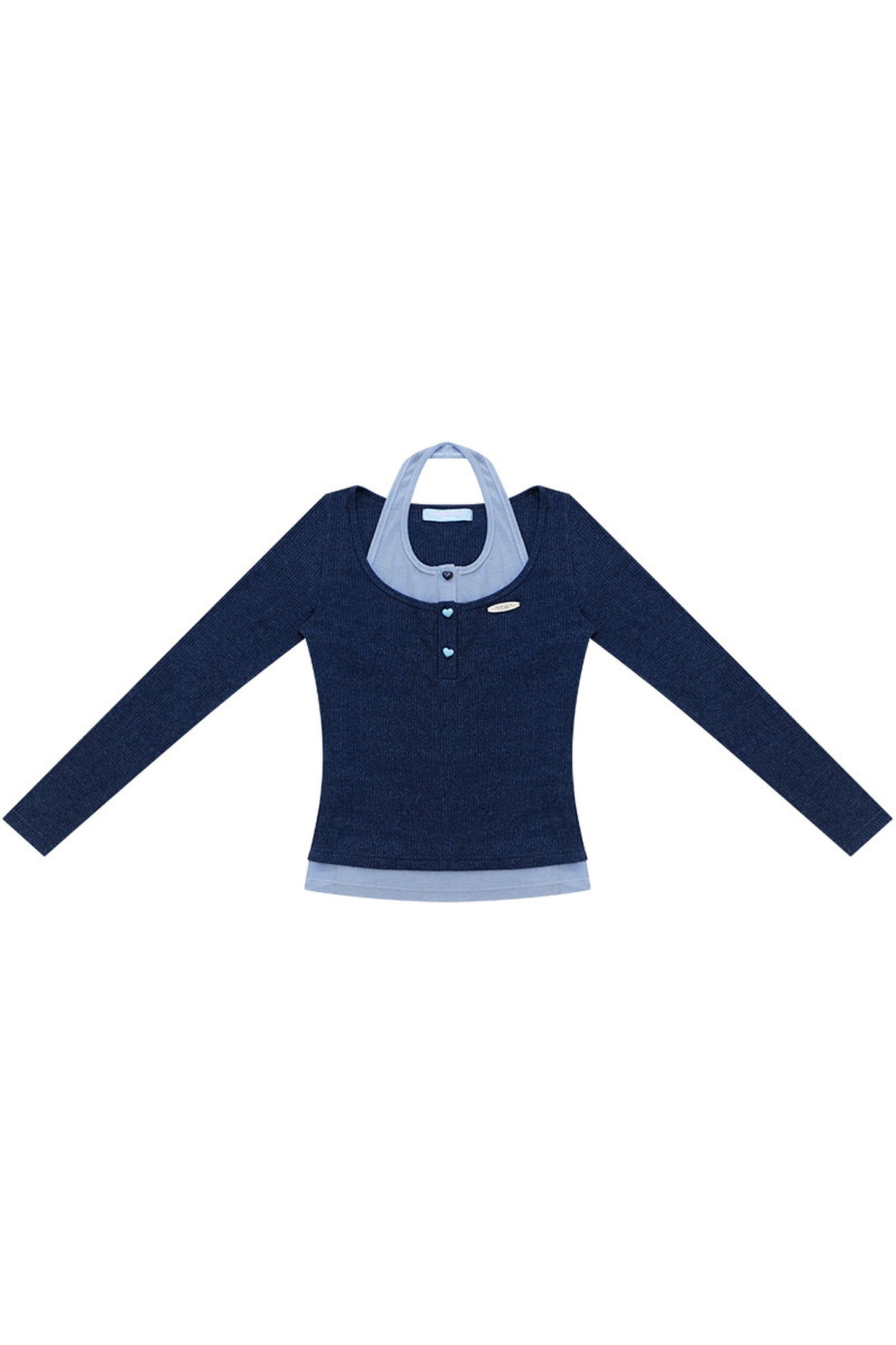 Top in maglia blu a maniche lunghe effetto stratificato