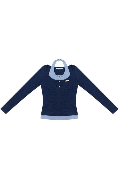 Top in maglia blu a maniche lunghe effetto stratificato