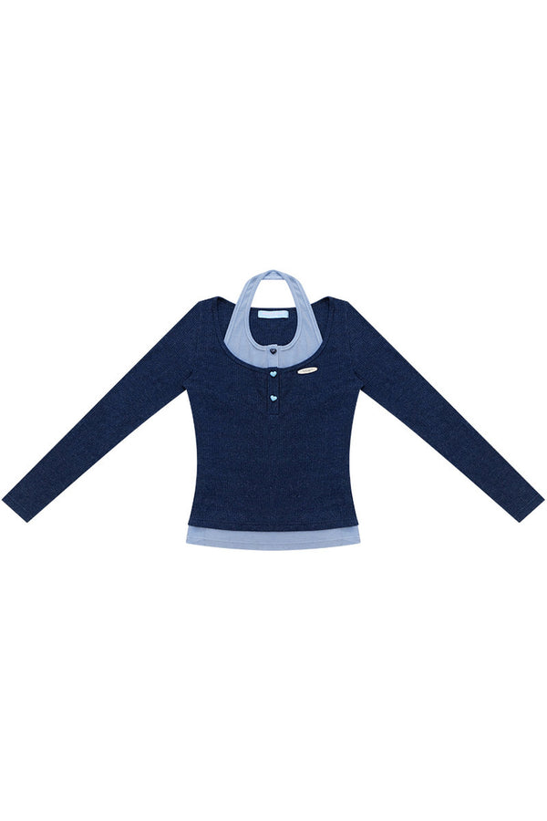 Blue Layered-Look Long-Sleeve Knit Top