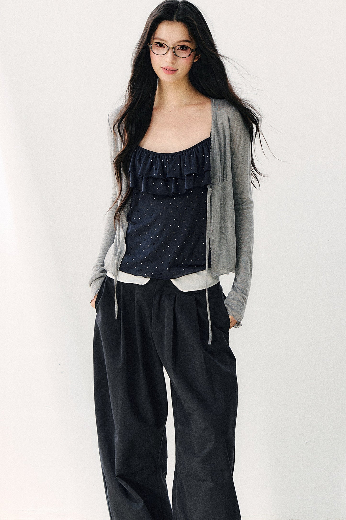 Double-Layer Ruffle Top And Cardigan Set-Up