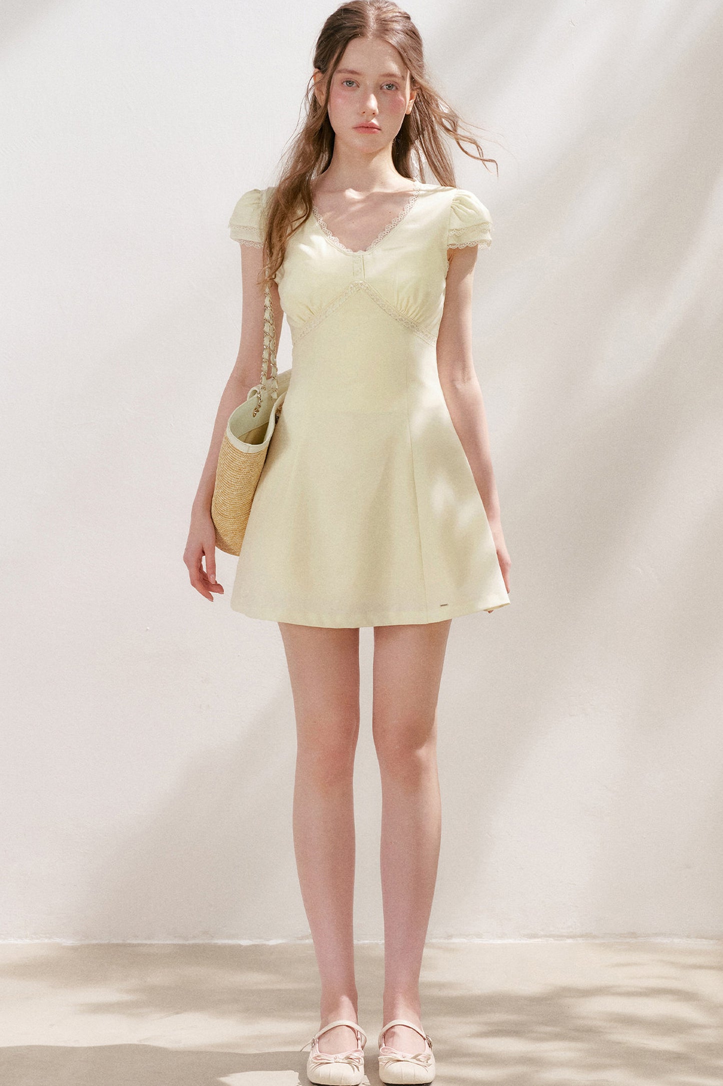 V-Neck Lace Trim A-Line Mini Dress