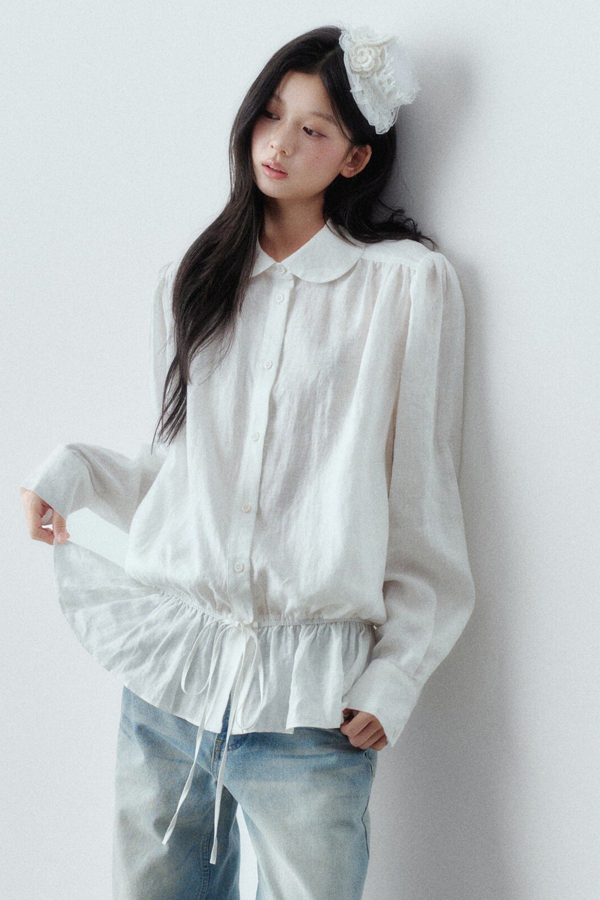 Low-Waist Ruffle Linen Shirt