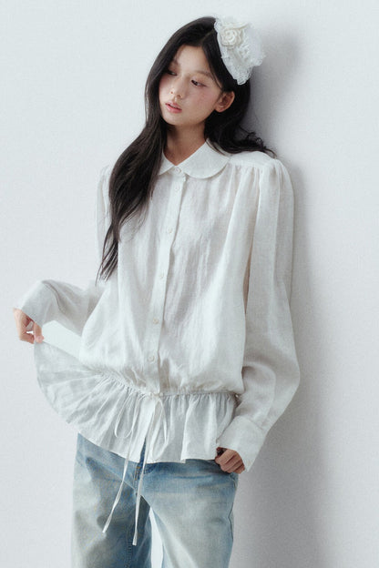 Low-Waist Ruffle Linen Shirt
