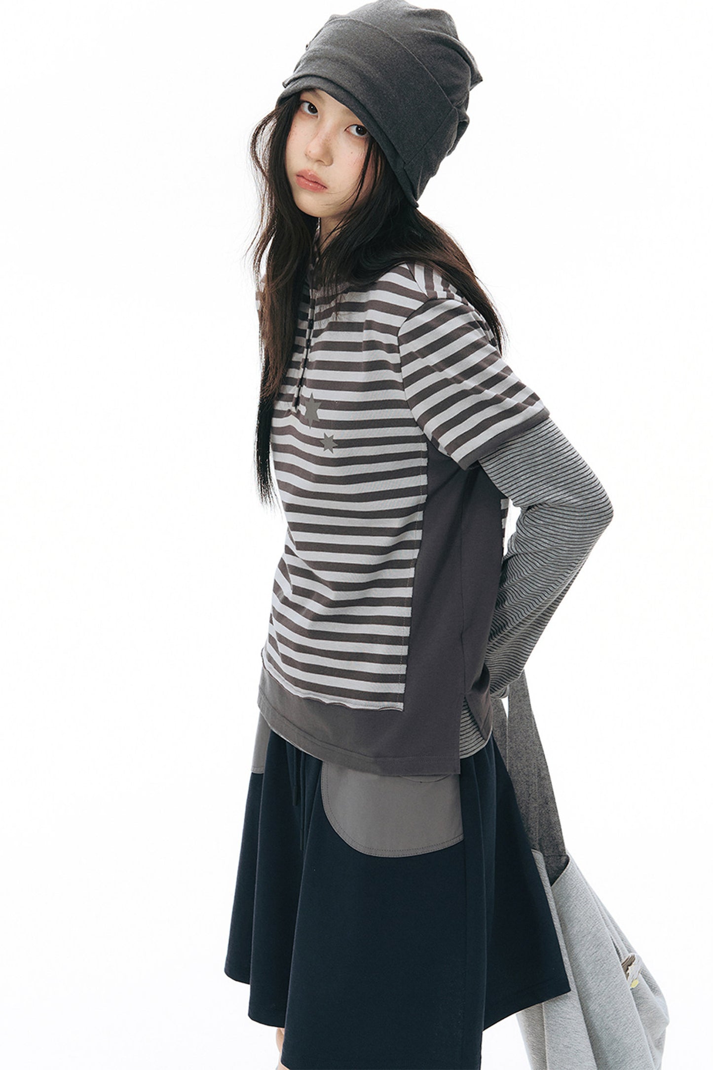 Striped Hooded Knit Short-Sleeve Top