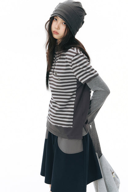 Striped Hooded Knit Short-Sleeve Top