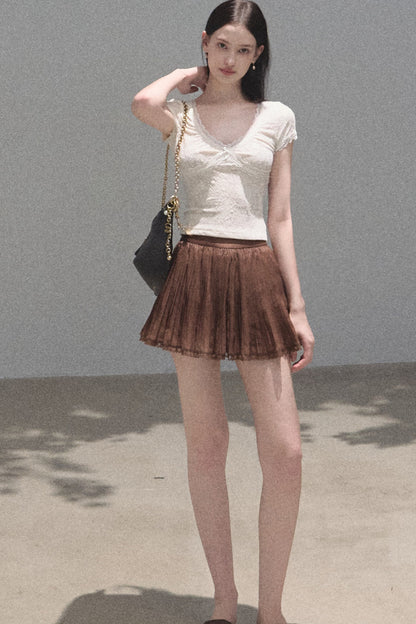 V-Neck White Lace Trim Short-Sleeve Top