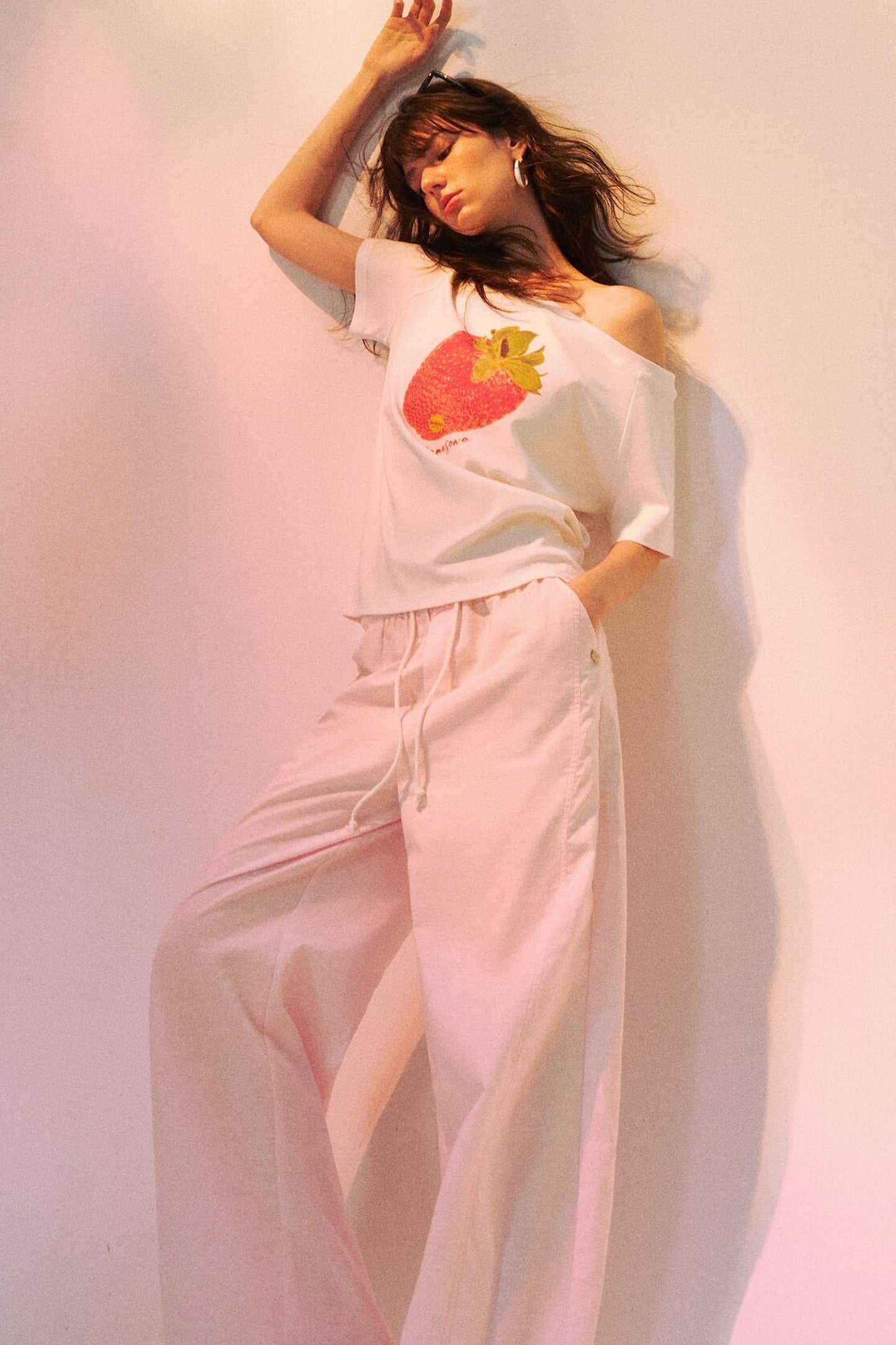 Strawberry Print One-Shoulder Blouse