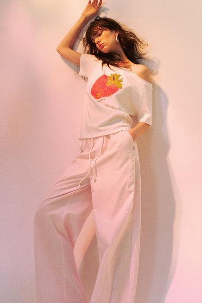 Strawberry Print One-Shoulder Blouse