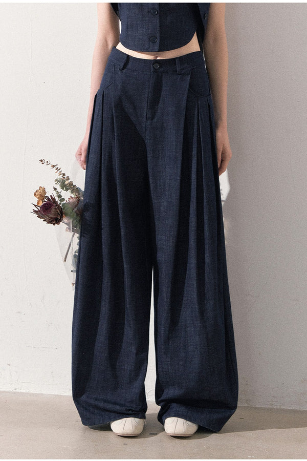 Layered-Look Faux Denim Vest and Wide Leg Pants Set-Up