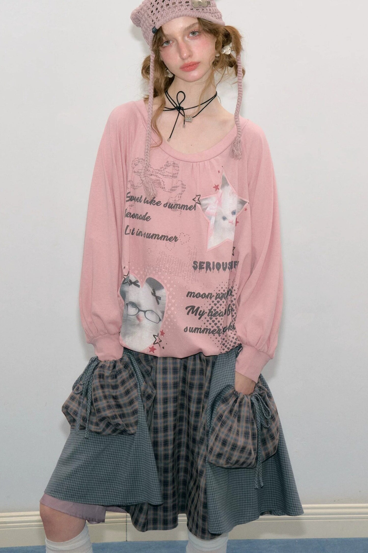Pink Cat Print Lantern Sleeve Top