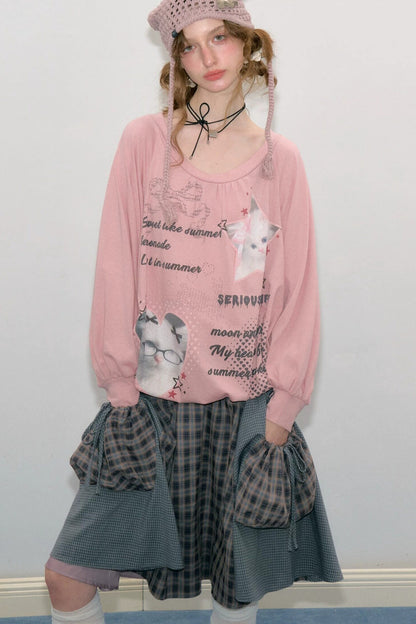 Pink Cat Print Lantern Sleeve Top