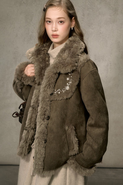 Embroidered Fur Collar Shearling Jacket