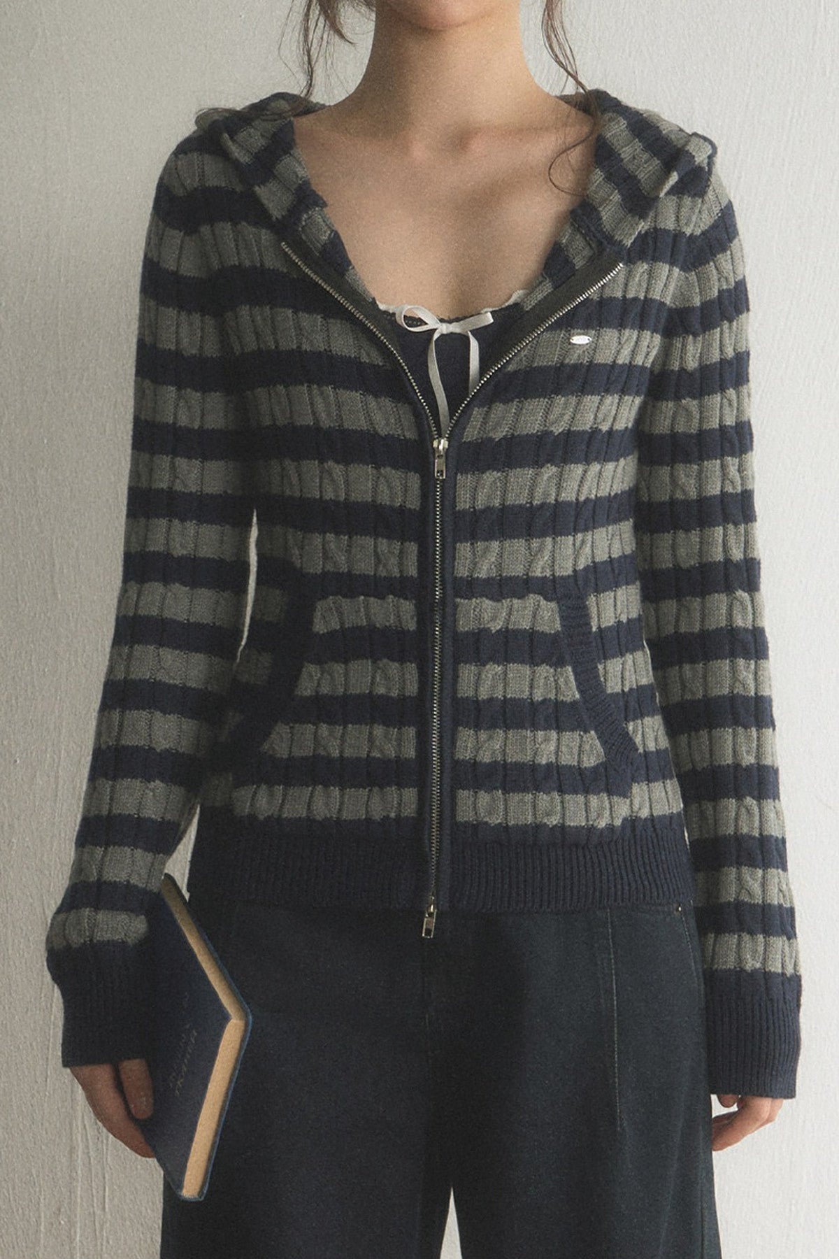 Striped Hooded Twist Knit Cardigan Set-Up