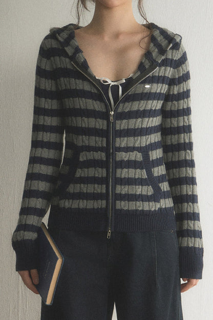 Striped Hooded Twist Knit Cardigan Set-Up