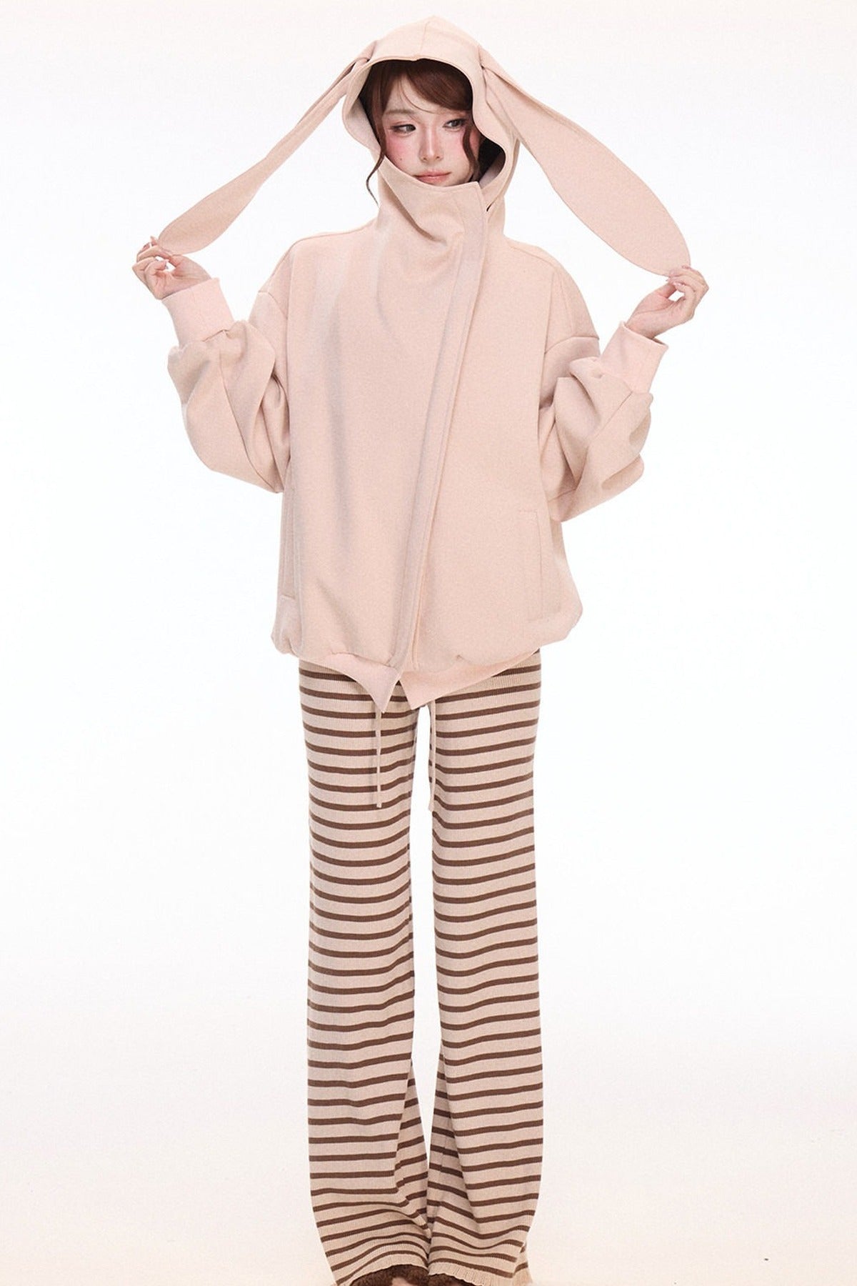 Hooded Sweatshirt Jacket Lace Camisole Knitted Striped Pants Set-Up
