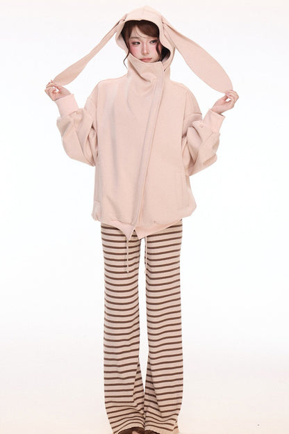 Hooded Sweatshirt Jacket Lace Camisole Knitted Striped Pants Set-Up