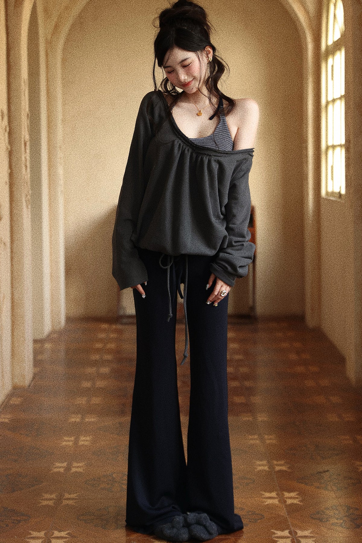 Layered-Look Halter Neck Pullover Sweatshirt Set-Up