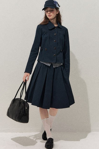 Navy Denim Jacket and Pleated Skirt Set-Up