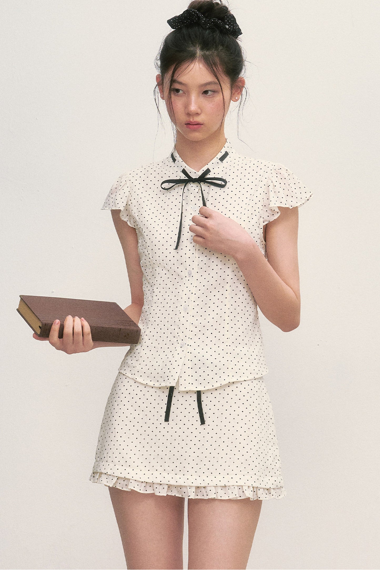Polka Dot Tie Neck Short-Sleeved Shirt and Skirt Set-Up