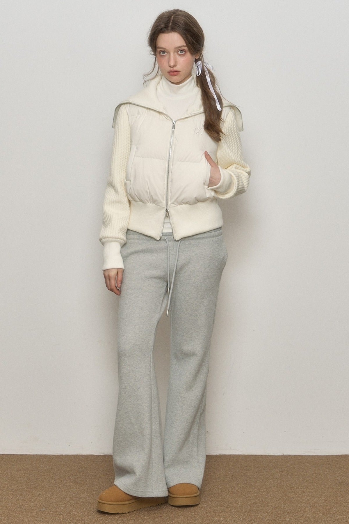 White Sailor Collar Sweater Sleeve Spliced Short Down Jacket