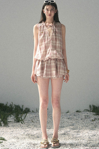 Lace Plaid Puff Dress Set